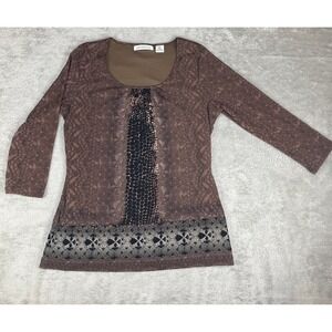 Liz Claiborne Brown Patterned 3/4‎ Sleeve Top Blouse Size M
